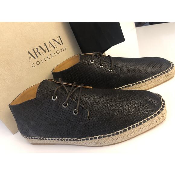 New $495 Armani Collezioni Espadrilla Mens Leather High Top Brown 9 US X6S003